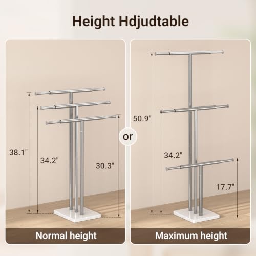 ELYKEN-Standing-Towel-Rack-for-Bathroom-Adjustable-3-Tier-Towel-Stand-Weighted-Marble-Base-Brushed-Stainless-Steel-Freestanding-Design-Holds-Bath-Towels-Rust-Resistant-Ideal-for-Bathroom