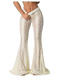 Milumia Women's Floral Lace Sheer Flare Pants Elastic Low Waist Skinny Flowy Party Bell Bottoms Trousers White Large