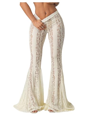 Milumia Women's Floral Lace Sheer Flare Pants Elastic Low Waist Skinny Flowy Party Bell Bottoms Trousers