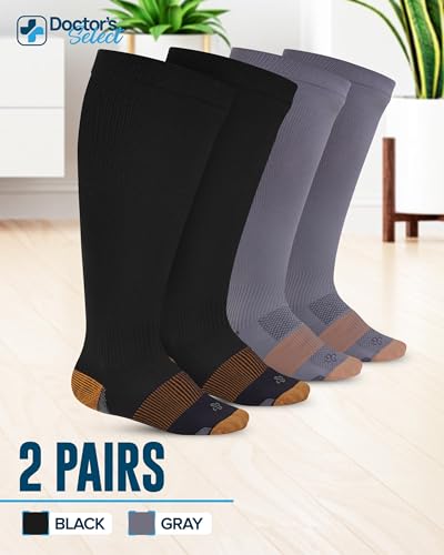 Image of Doctor's Select Copper Plus Size Compression Socks Wide Calf - 2 Pairs | 20-30mmHg Extra Wide Calf Copper Compression Socks Men & Women for Swelling & Circulation Support | Black & Gray