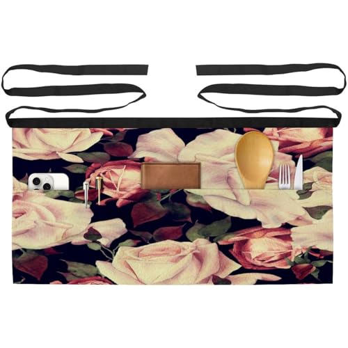 Tablier court de chef lot de 3 avec 3 poches pour cuisine et bistrot motif roses aquarelle