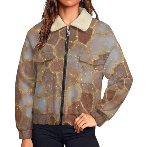 Veste polaire femme marron à motif géométrique feuille d'or veste d'hiver chaude