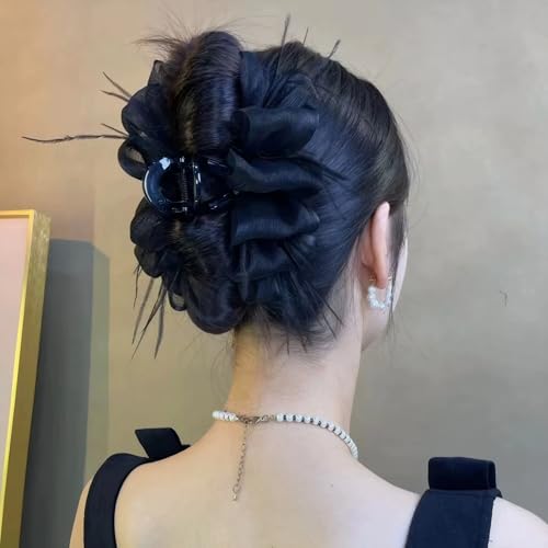 Large Bow Hair Claw Clips for Women Mesh Bubble Hair Barrettes for Thick Thin Hair Elegant Chiffon Silk Hair Accessories (Bubble Black B)