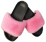 Womens faux fur flat slide sandals, Fashion Faux Rabbit fur Fluffy Open Toe Slipper Soft Cozy Plush