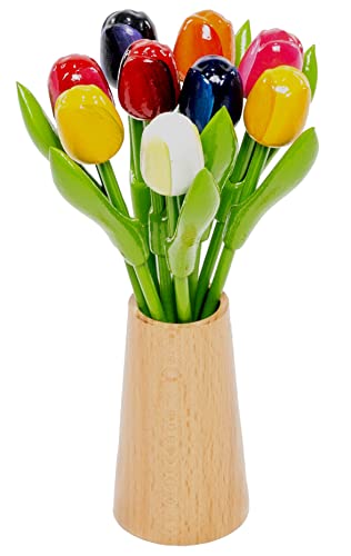 MomoMoments wooden tulip bouquet in an elegant design wooden vase, artificial tulips hand-painted, 21 cm high, flower bouquet, decoration, made in Holland