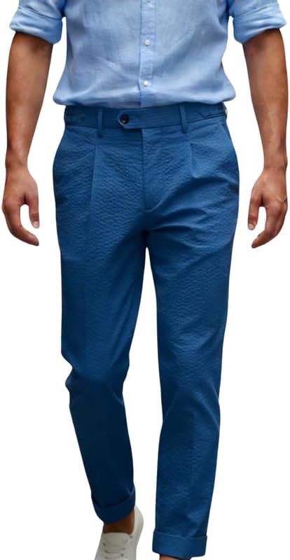 Men’s Dress Pants Lightweight Seersucker Pleated Slacks with Side Adjusters Waist Summer Beach Long Pants