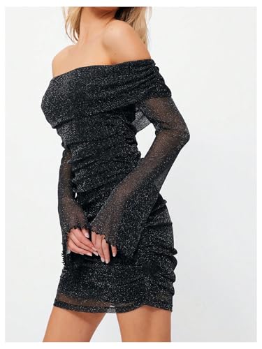 Image of GORGLITTER Women's Off The Shoulder Mesh Mini Dress Long Sleeve Y2K Sexy Ruched Bodycon Birthday Club Party Dresses