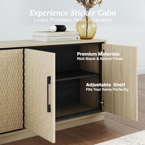 BELLEZE 65 Inch Embossed TV Stand for Living Room, Mid-Century Modern Entertainment Center with Storage, Large Media Console Table for TVs up to 75 Inches- Alto (White Lotus)