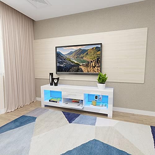 130CM TV Stand Cabinet with 2 Drawers, LED Lights Wooden TV Unit with Shelves Storage, White High Gloss TV Stand Living Room Entertainment Center Media Furniture for 50 Inch TV