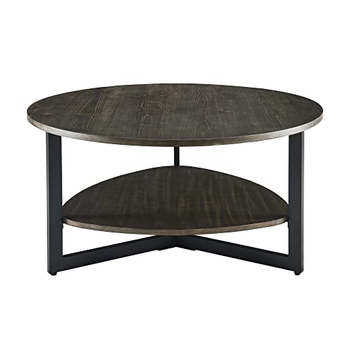 Moderion Round Coffee Table For Living Room, 35.3" Large Farmhouse Cocktail Table With Storage Shelf, Circular Wood Center Tea Table With Metal Leg, Sofa Table, Easy Assembly, Brushed Black Kfz2338Bk #TOP3