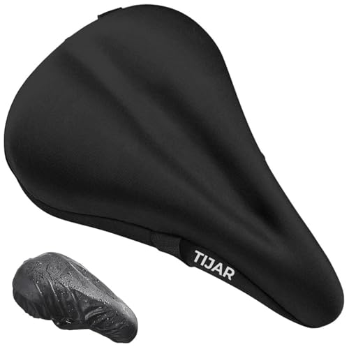 TIJAR Bike Seat Saddle Gel Cover Wide Gel Soft Pad One Size Suitable for All Bikes with Rain Cover Shock-Absorbing Cushion for Indoor & Outdoor Cycling (Black)