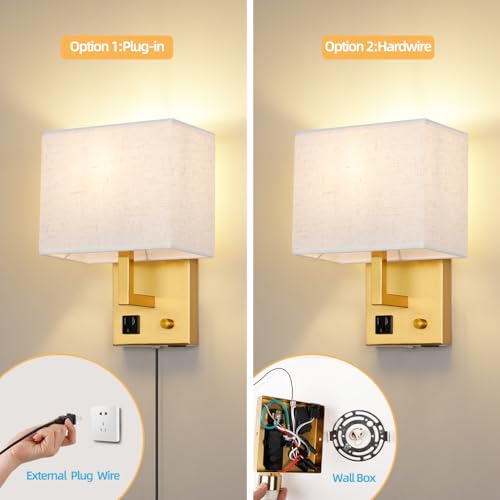 PFQCGU Plug in Wall Sconce, Bedside Wall lamp with Plug and dimmable Switch, with USB Charging Port and Socket, Suitable for Hotel, Corridor, Living Room and Bedroom Wall Light (Golden) by PFQCGU - Used condition - Image 5