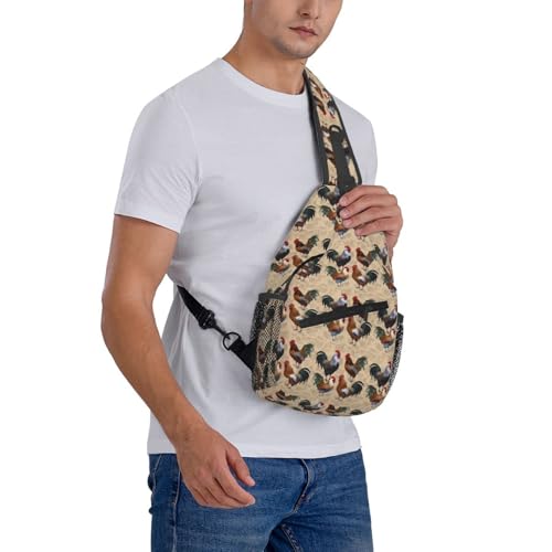 Mochila tipo sling con estampado de gallos y pollos negra miniatura 7