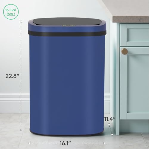 Image of BestOffice 13‑Gallon Automatic Sensor Trash Can, Deep Blue - 50 L Touchless Motion‑Activated Kitchen Garbage Bin, Fingerprint‑Resistant Stainless Steel
