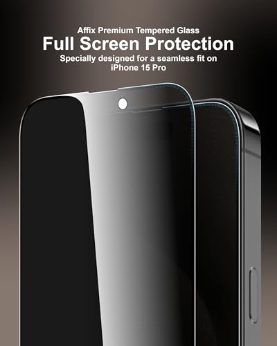 Image of Affix 2 Pack for Privacy iPhone 15 Pro Full Coverage Tempered Glass, Screen Protector Guard with Easy Fix Installation Tool, 9H Hardness Shatterproof, HD Clear Scratch Resistant