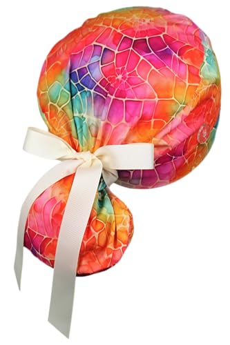 Image of Scrub Cap for Women and Men, Ponytail Scrub Caps, Working Hat, Head Cover with Ribbon Ties and Buttons, Long Hair