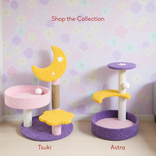 Image of Tsuki Moon-Themed Cat Tree for Indoor Cats & Kittens | 3-Tier Cat Scratching Post with Cozy Perch, Star Step, Sisal Rope & Hanging Pom-Pom Toy | Aesthetic Furniture for Indian Homes