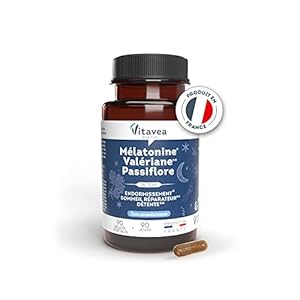 Vitavea – Mélatonine Valériane Passiflore – Complément Alimentaire Sommeil Adulte – Endormissement Rapide, Nuit Réparatrice – Sans accoutumance – 90 gélules – Cure de 3 mois – Fabriqué en France