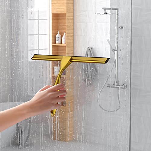 Image of Shower Squeegee Set, 10-Inch Stainless Steel Squeegee for Bathroom, Shower Doors, Mirrors, Tiles, Car Windows - 100% Streak Free, Includes Shower Door Hook, Adhesive Hook and Spare Silicone Blade