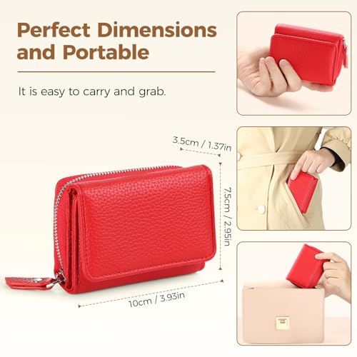 Geldbörse Damen Klein Leder Kleines Portemonnaie Damen Mini Geldbeutel mit Zipper Münzfach Kartenfächer, Rot – Bild 4