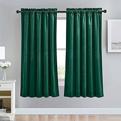 Image of RYB Home Emerald Green Velvet Curtains for Bedroom - Soft Farmhouse Window Decor Room Darkening Thermal Insulating Drapes for Living Room Dining Home Office, Width 52 x Length 63 inch, 2 Panels