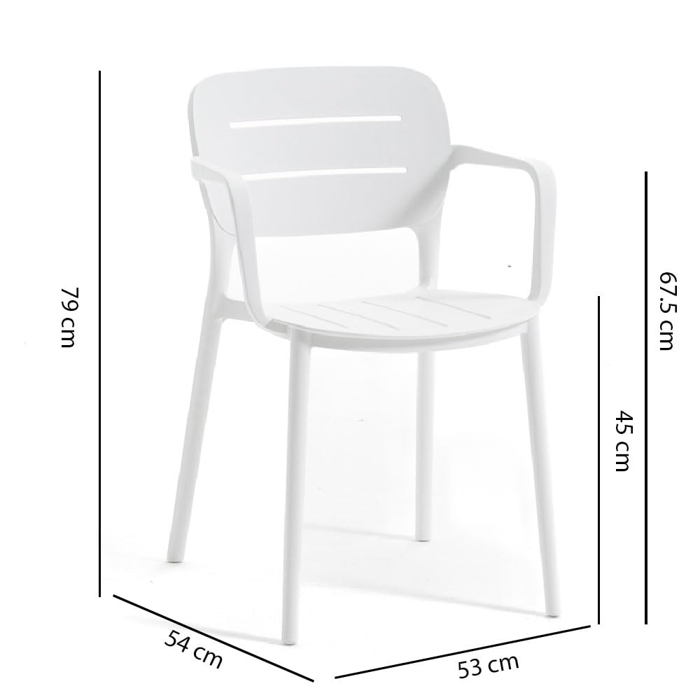 SIEDITI FUORI E DENTRO Sedie da esterno, giardino in resina con fibra di vetro impilabili, con braccioli, moderne Dora (4 sedie con braccioli, Bianco)