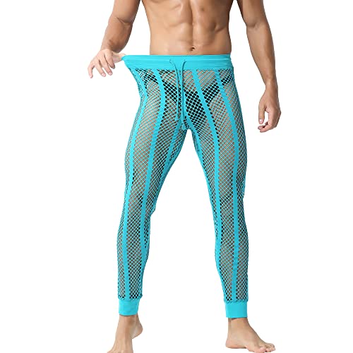 YUFEIDA Men's Fishnet Pants Drawstring Bottoms Low Rise Mesh Leggings Muscle Fit Long Pants See Through Thermal Bottoms Blue