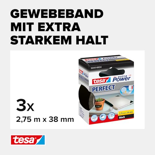 tesa extra Power Perfect Gewebeband - 3er-Pack - Schwarz - 2,75 m x 38 mm – Ansicht 3