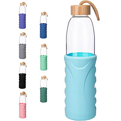 Life4u Botella de Agua de Cristal de Borosilicato de con Funda de Silicona Sin BPA 500 ml Azul Aguamarina