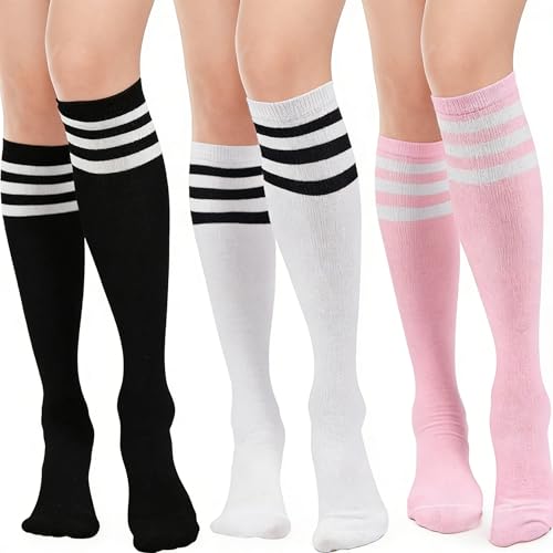 Image of LSYZHX 6Pcs Knee High Socks, Football Socks, Outdoor Sport Socks for Women Casual Stripe Long Stocking Tube Socks (3 colors)