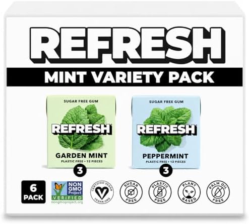 Refresh Plant Based Gum, Sugar Free, Xylitol, 12 Pcs, 6 Pack (Mint Variety Pack)