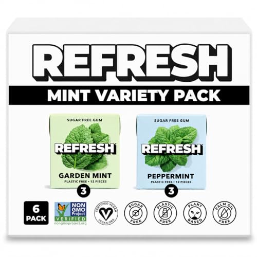 Image of Refresh Plant Based Gum, Sugar Free, Xylitol, 12 Pcs, 6 Pack (Mint Variety Pack)