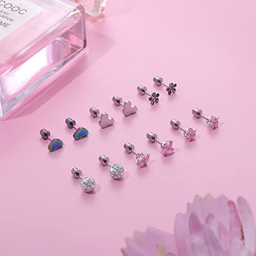 Thunaraz 16 Pairs Hypoallergenic Screw Back Earrings For Girls Women Surgical Steel Cute Cz Heart Flower Star Butterfly Screwback Stud Earrings Set 20G #TOP5