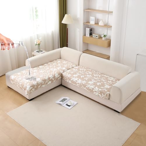 Image of HOKIPO 'Elira Series' Printed Water Repellent + Waterproof Quick Dry L Shape (2+2 Seater) Sofa Seat Cover Mat, Buff Brown Sillehoute Floral (AR-5245-C7 + AR-5246-C7)