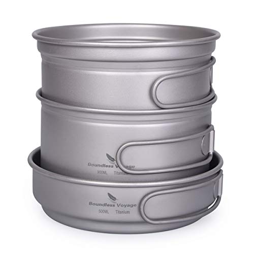 Ibasingo Titanium Pot Pan Set With Folding Handle Outdoor Camping Soup Pot Bowl Frying Pan Mess Kit Ultralight Cookware For Picnic Travel Backpacking A-Ti2036C #TOP6