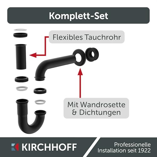 KIRCHHOFF Siphon schwarz Waschbecken, Siphon aus hochwertigem Edelstahl schwarz, Ablaufgarnitur Waschbecken schwarz, Syphon Waschbecken schwarz, Siphon mit Gummirosette und Montageanleitung, schwarz