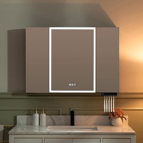 Woodbridge 39.4” W x 27.75” H LED Medicine Cabinet with Smart Storage, Anti-Fog Mirror,Large Rectangular Three-Door Surface Wall Mount,and Spacious Design, M4028