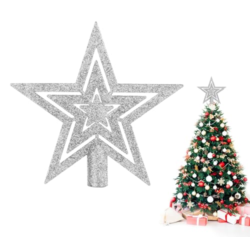 DERAYEE 20cm Argent Étoile Sapin Noël en Plastique, Topper d'arbre de Noël pour Décoration de Sapin de Noël