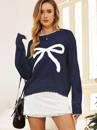 Image of Milumia Women's Bow Print Drop Shoulder Long Sleeve Sweater Crew Neck Knit Fall Tops