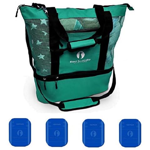 Red Suricata Mesh Beach Bag Cooler - Beach Tote with Leak-proof Rigid Cooler – Beach Bags for Women & Men (Turquoise Green) Cover