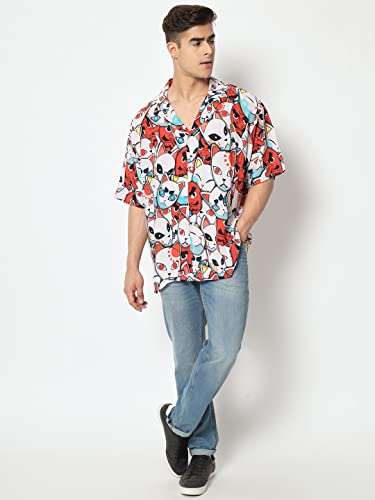 Image of ComicSense.xyz Unisex Anime Shirts for Men & Women, Kitsune Mask Printed Kimono Fit Hawaiian Shirts