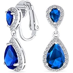 Lamparas Colgantes Araña Lágrima Azul CZ Halo Prom Gota Pendientes Lámpara De Araña Clip On Simulated Sapphire Cubic Zirconia Silver Plated Brass