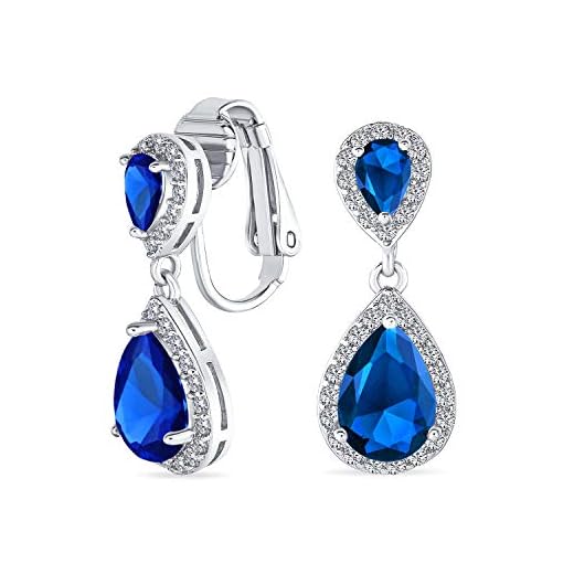 Blue Teardrop CZ Halo Prom Drop Statement Chandelier Clip On Earrings Simulated Sapphire Cubic Zirconia Silver Plated Brass
