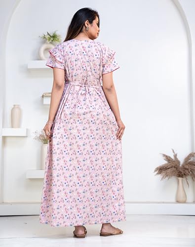 Image of Pure Cotton Designer Nighty for Women | Night Gown | Nightdress | Maxi Nighty | Sleepwear | Jaipuri Nighty | Nighties | Cotton Night Gown for Women /Girls with Belt Pink