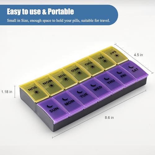 Image of Large Pill Organizer 2 Times a Day, Weekly Pill Case, AM PM Pill Box, Day Night Pill Container 7 Day, Vitamin Case Medicine Dispenser Twice a Day (Yellow & Purple)