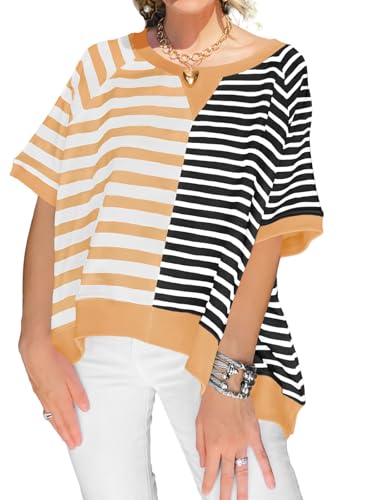 Tankaneo Womens Oversized Color Block Striped T-Shirts Summer Casual Short Sleeve Tops Trendy Loose Fit Crew Neck Tees Brown