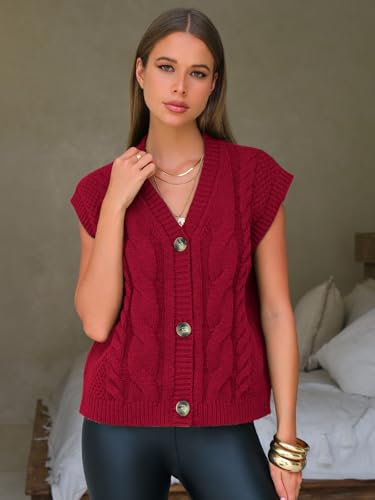 EXLURA Women's Fall Fashion Sweaters Vest Tops Sleeveless Button Down V Neck Chunky Cable Knit Cardigan Trendy Outfits 20254