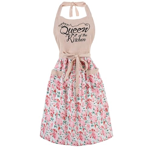 Cute Floral Aprons for Women with Pockets,Cotton Adjustable Neck ...