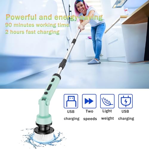 Image of 3 Angle Adjustable Electric Spin Scrubber, 3-Speed IPX7 Waterproof Cordless Power Cleaning Brush with Adjustable Extension Handle, Shower Scrubber with 9 Replaceable Brush Heads for Bathroom