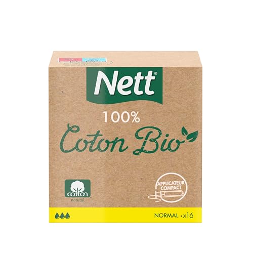 Nett – Tampons 100% Coton Bio Normal Avec Applicateur (boîte de 16 pièces) – Tampons en coton non blanchis au chlore et sans parfum – Hypoallergéniques avec rainures incurvées
